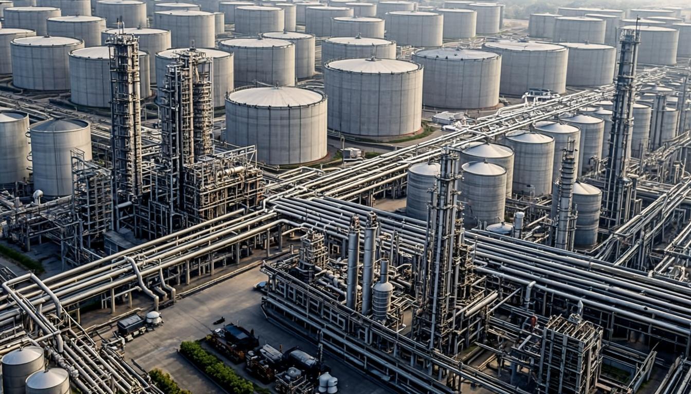 Oil refinery plant at night with lights