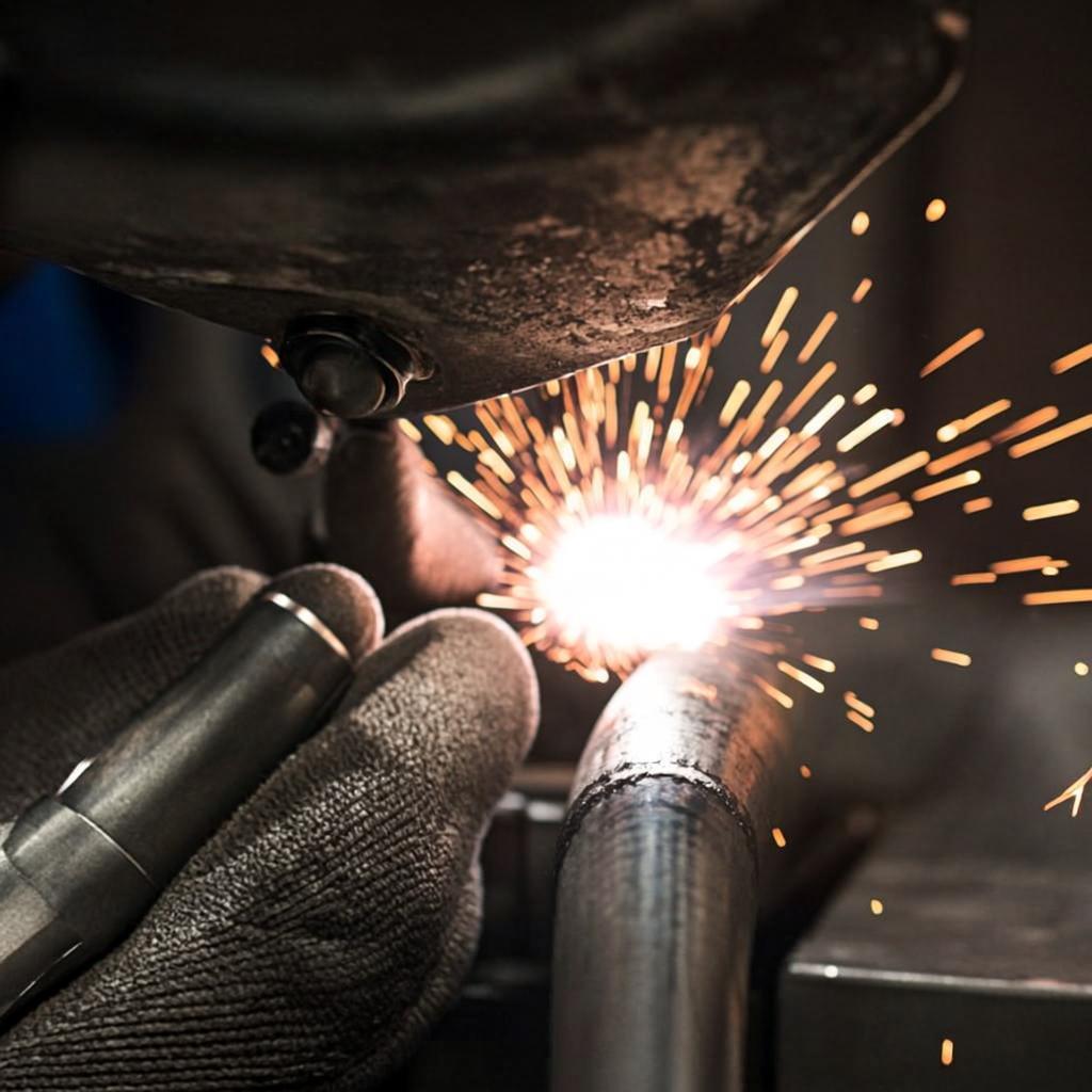 Industrial welder working on pipeline construction