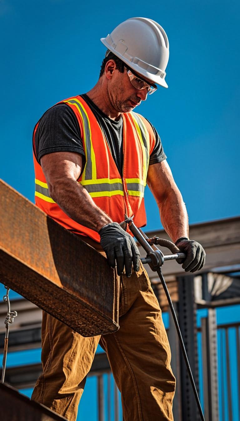 Construction workers building steel structure at height